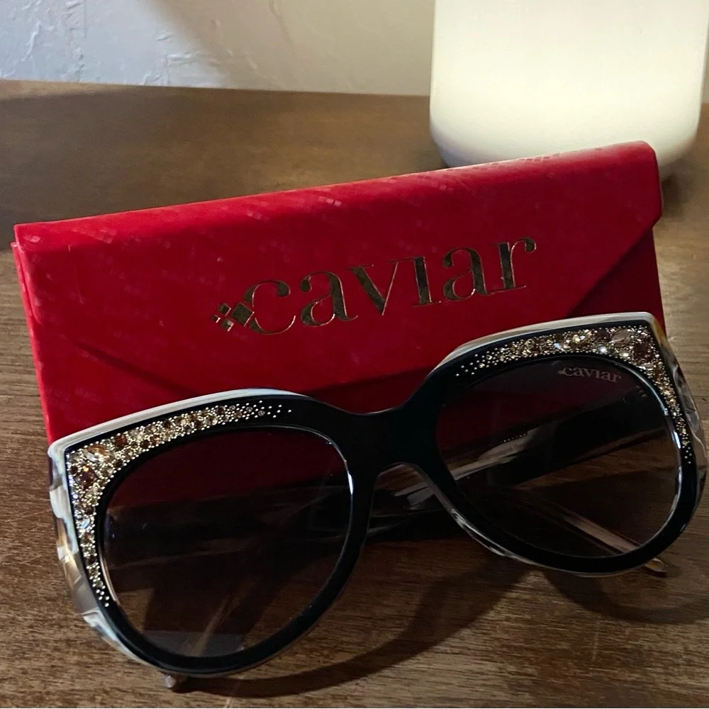 Caviar Women's Black & White Crystal Cat-Eye Sunglasses